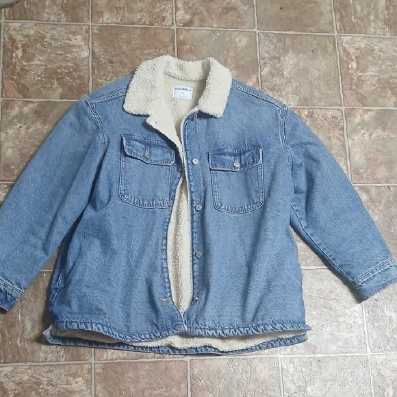 EUC Old NAVY Light Wash Denim Bomber Sherpa-Lined Jacket - Cream Sherpa SIZE XL - Picture 1 of 6